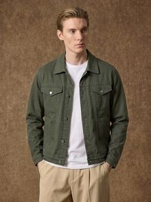 Manfinity CasualKnits 大码男士纯色工装口袋长袖纯色休闲深色牛仔夹克，春秋季，适合工作 - 軍綠色 - 查看 2