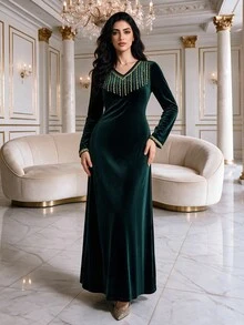 Al Najma Women's V-Neck Colorblock Casual Party Arabian Dress - Dark Green - View 2