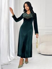 Al Najma Women's V-Neck Colorblock Casual Party Arabian Dress - Dark Green - View 8