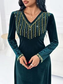 Al Najma Women's V-Neck Colorblock Casual Party Arabian Dress - Dark Green - View 4