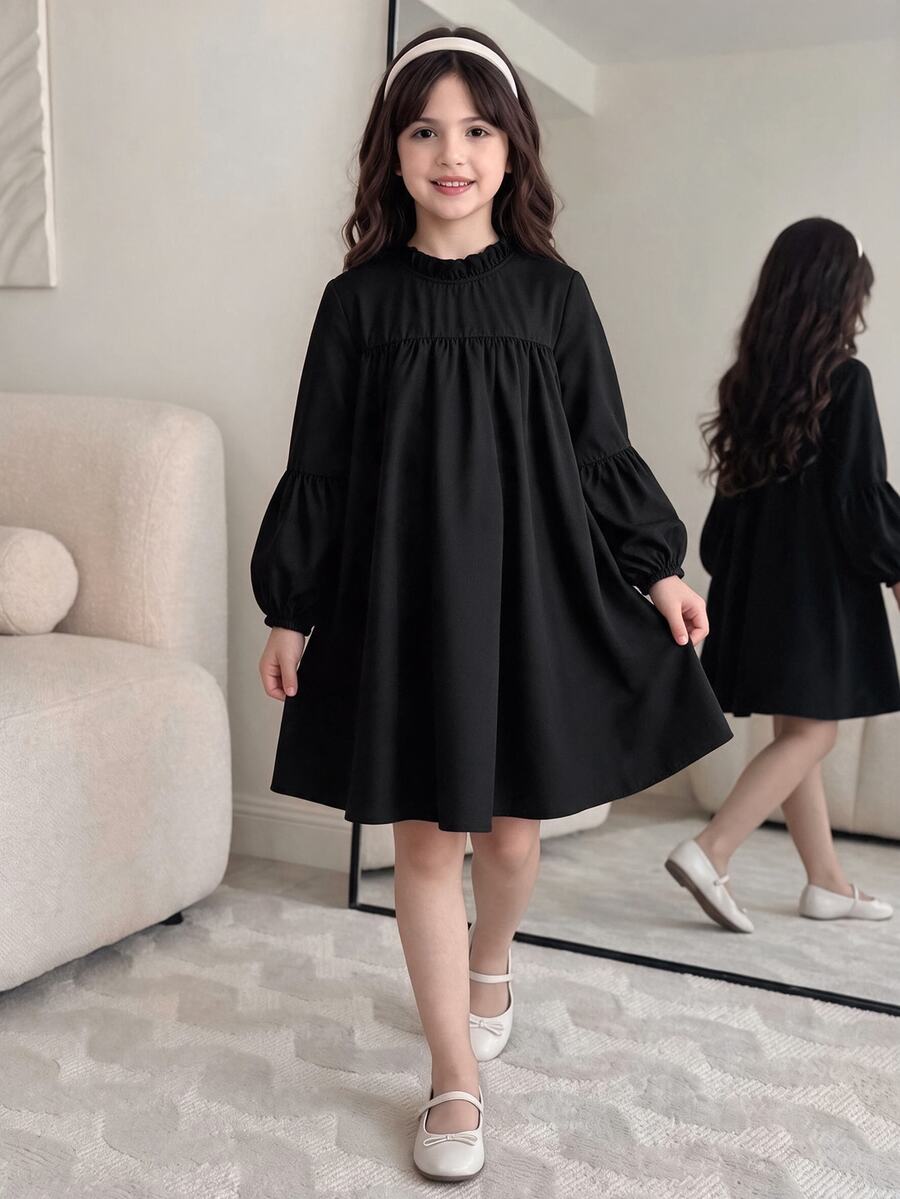 SHEIN 青少年女孩美式秋季風格秋季套裝秋季洋裝女童洋裝 - 黑色 - 查看 1