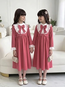 SHEIN Tween Girl Color Block Lace Homecoming Party Birthday Dress Fall Outfits Fall Dress Dresses For Girls Dusty Pink Cute - Pink - View 5