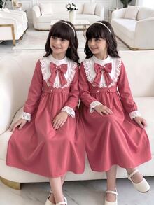 SHEIN Tween Girl Color Block Lace Homecoming Party Birthday Dress Fall Outfits Fall Dress Dresses For Girls Dusty Pink Cute - Pink - View 7