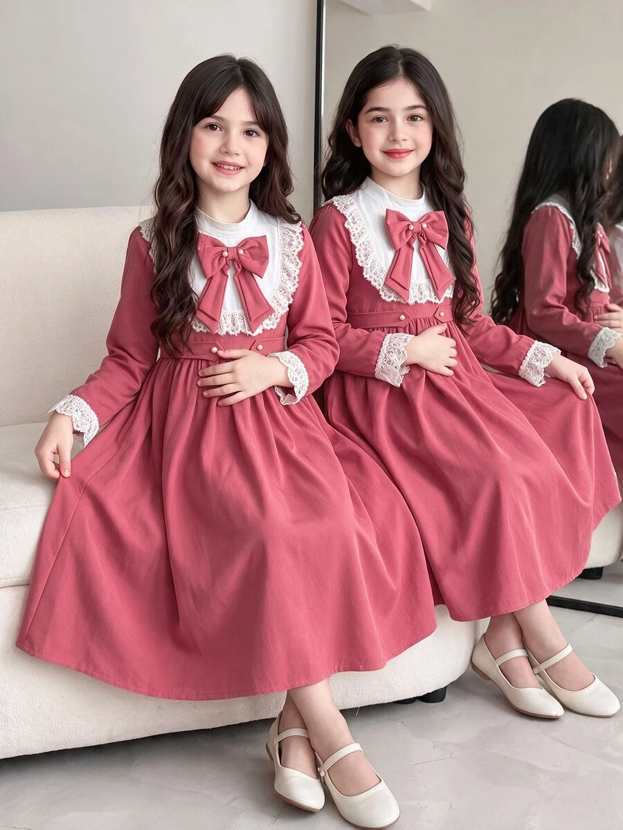 SHEIN Tween Girl Color Block Lace Homecoming Party Birthday Dress Fall Outfits Fall Dress Dresses For Girls Dusty Pink Cute - Pink - View 1