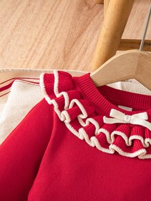 Large Layered Ruffle Collar With Small Bow, Vintage Festive Style, Perfect For First Birthday, Holiday Visits, And Photo Shoots. Delicate Knitted Fabric, Soft And Skin-Friendly, Good Elasticity, Comfortable For Babies Without Irritation. Waist-Flattering A-Line Skirt, Flattering Silhouette, Unrestricted Movement. Long Sleeve Design, Suitable For Spring And Autumn - Red - View 6