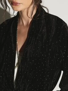 KSTM Rhinestone Embellished Velvet Kimono Jacket With Fringe Hem And Self Tie Belt Open Front Long Sleeve Evening Outerwear Party - Black - View 6