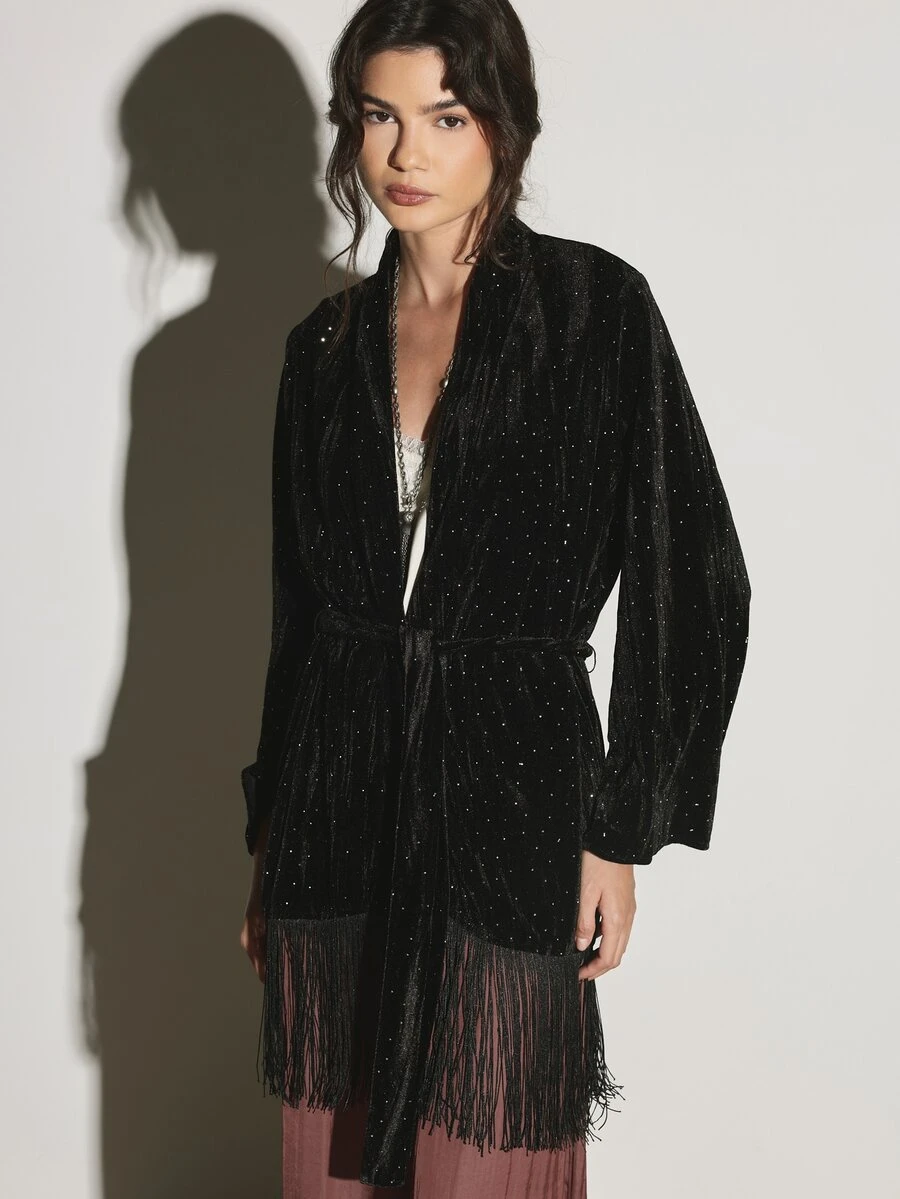 KSTM Rhinestone Embellished Velvet Kimono Jacket With Fringe Hem And Self Tie Belt Open Front Long Sleeve Evening Outerwear Party - Black - View 1