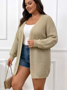 SHEIN LUNE كارديجان نسائي مقاس كبير بلون موحد كاجوال متعدد الاستخدامات للارتداء اليومي - كاكي - مشاهدة 7