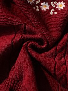 Baby Girl Embroidered Ruffle Hem Sweater Romper - Burgundy - View 4