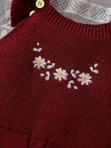 Baby Girl Embroidered Ruffle Hem Sweater Romper - Burgundy - View 6