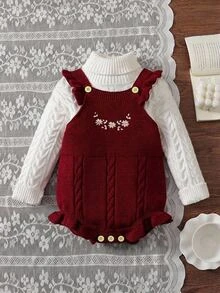 Baby Girl Embroidered Ruffle Hem Sweater Romper - Burgundy - View 7