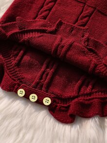 Baby Girl Embroidered Ruffle Hem Sweater Romper - Burgundy - View 3