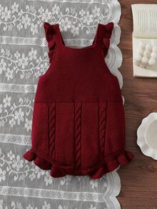 Baby Girl Embroidered Ruffle Hem Sweater Romper - Burgundy - View 2