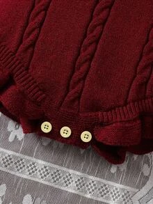 Baby Girl Embroidered Ruffle Hem Sweater Romper - Burgundy - View 8