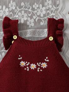 Baby Girl Embroidered Ruffle Hem Sweater Romper - Burgundy - View 5