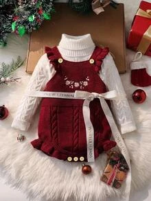 Baby Girl Embroidered Ruffle Hem Sweater Romper - Burgundy - View 1