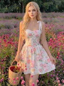 Skyraze Women's Floral Print Twist Front Casual Cottage Tropical Cottage Core Mini Dress Vacation White And Pink Summer Picnic Vacation - Pink - View 2