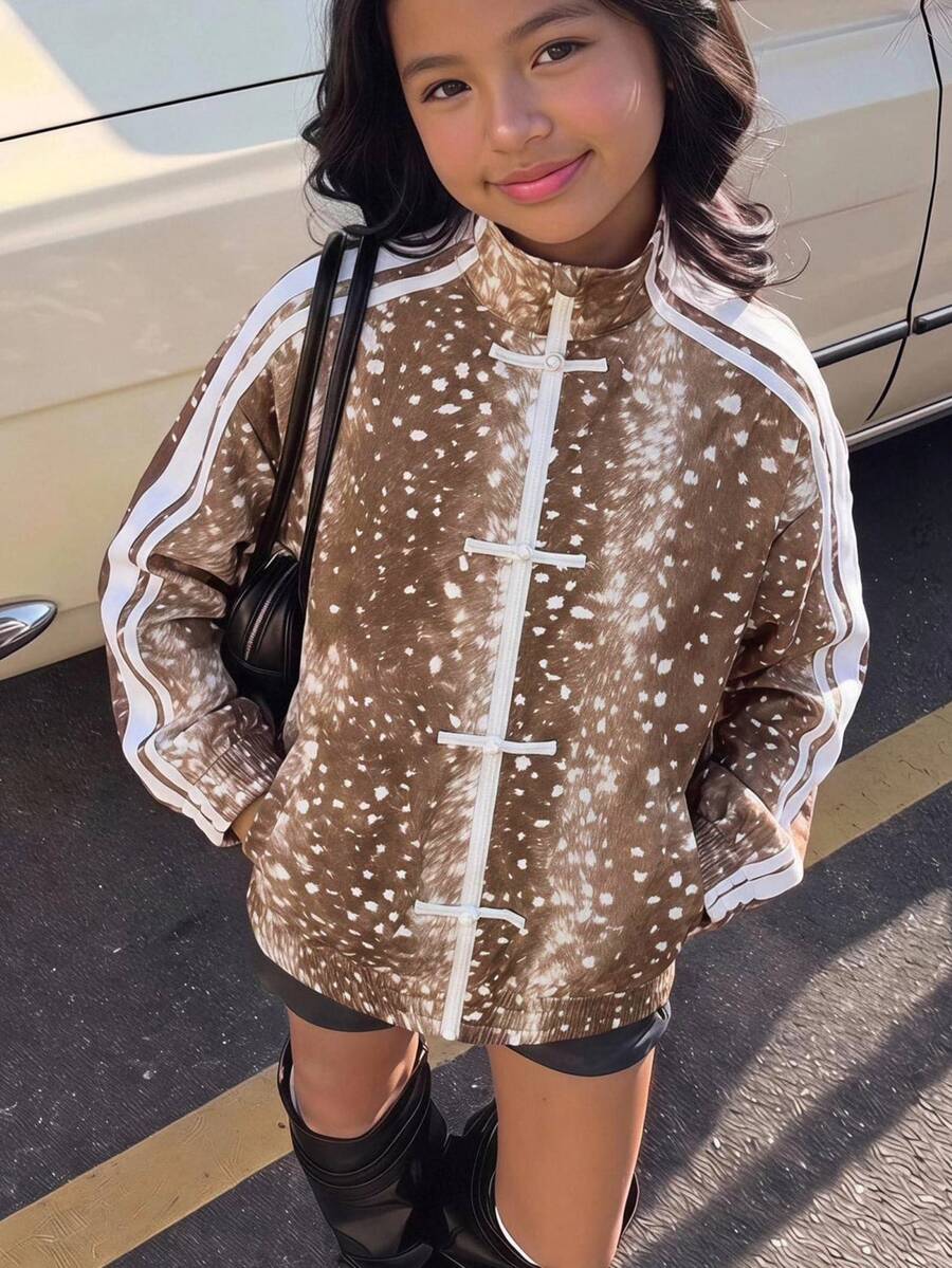SHEIN Tween Girls Khaki Leopard Kids Print Woven Autumn/Winter Fashion Jacket - Multicolor - View 1