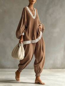 SHEIN Holidaya Women's Striped V-Neck Patchwork Lantern Sleeve Top And Long Pants Casual Daily Outfit Set - Brown - View 6