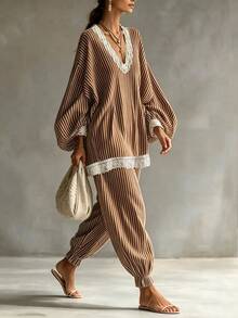 SHEIN Holidaya Women's Striped V-Neck Patchwork Lantern Sleeve Top And Long Pants Casual Daily Outfit Set - Brown - View 5
