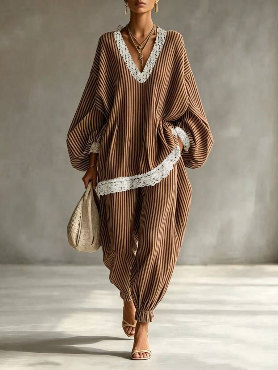 SHEIN Holidaya Women's Striped V-Neck Patchwork Lantern Sleeve Top And Long Pants Casual Daily Outfit Set