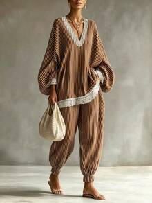 SHEIN Holidaya Women's Striped V-Neck Patchwork Lantern Sleeve Top And Long Pants Casual Daily Outfit Set - Brown - View 4
