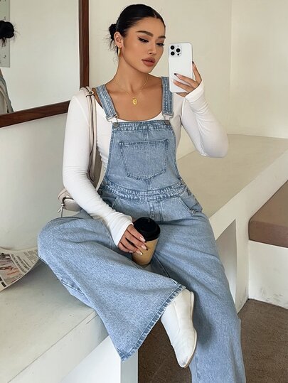 Dazy Plus Light Blue Denim Loose Casual Loose Fit Girly Style Fall Early Versatile Denim Overalls Beach Club