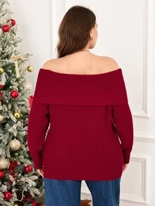Easowa Curve كارديجان كاجوال يومي للنساء بمقاسات كبيرة مزين بخرز لؤلؤي صناعي للخريف والكريسماس - الأحمر - مشاهدة 3