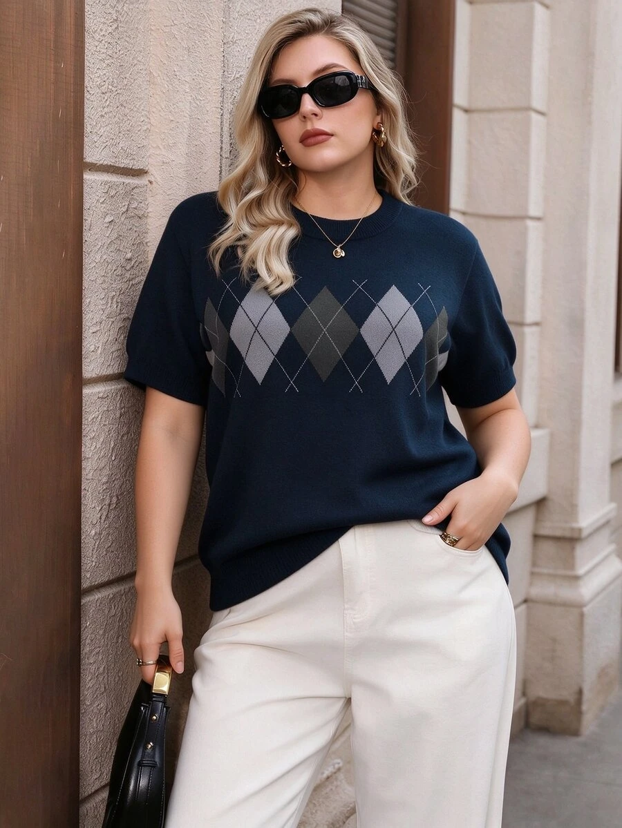 Seusyu Plus Size Women's Geometric Print Casual Daily Pullover Sweater - Navy Blue - View 1
