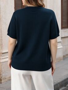 Seusyu Plus Size Women's Geometric Print Casual Daily Pullover Sweater - Navy Blue - View 2