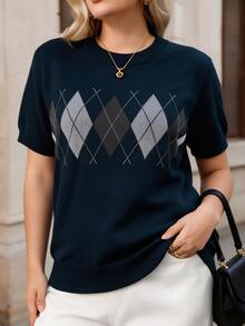Seusyu Plus Size Women's Geometric Print Casual Daily Pullover Sweater - Navy Blue - View 7