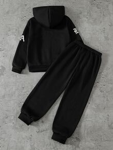 SHEIN 青少年男孩 2件組 LA字母標語黑白連帽衛衣運動長褲套裝 酷感寬鬆 秋冬校園運動穿搭 - 黑色 - 查看 2