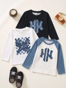 SHEIN 3件字母印花圓領長袖T恤，舒適柔軟面料，適合日常穿著、學校生日、運動牛仔風，嬰兒藍秋季款 - 彩色 - 查看 6