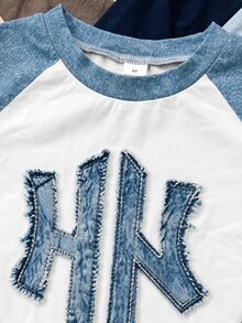 SHEIN 3件字母印花圓領長袖T恤，舒適柔軟面料，適合日常穿著、學校生日、運動牛仔風，嬰兒藍秋季款 - 彩色 - 查看 3