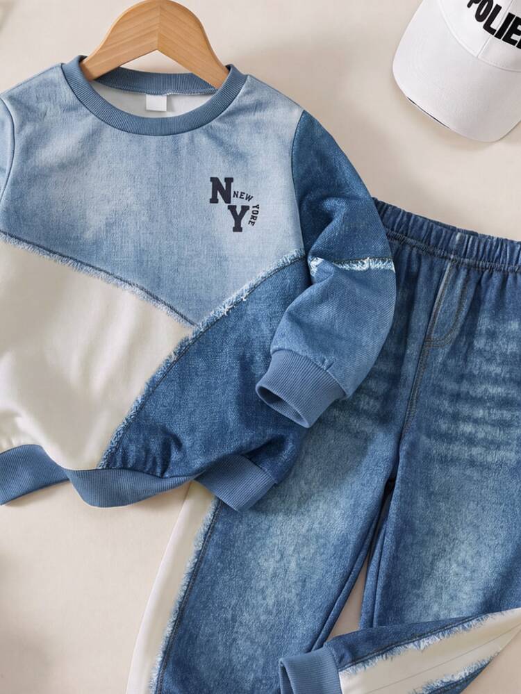 2pcs Boys Fall Style Blue White Color Block Sweatshirt Pants Set NY Letter Print Casual Autumn Winter Birthday Beach - Multicolor - View 4