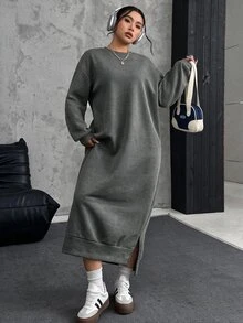 Comfortcana Plus Size Loose Casual Long Fleece Sweatshirt Dress, Autumn/Winter - Dark Grey - View 3