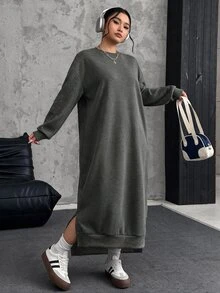 Comfortcana Plus Size Loose Casual Long Fleece Sweatshirt Dress, Autumn/Winter - Dark Grey - View 4