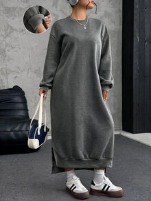 Comfortcana Plus Size Loose Casual Long Fleece Sweatshirt Dress, Autumn/Winter - Dark Grey - View 1