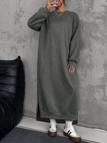 Comfortcana Plus Size Loose Casual Long Fleece Sweatshirt Dress, Autumn/Winter - Dark Grey - View 6