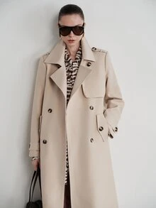 Aveloria Modichic 女款長版雙排扣修身風衣，翻領繫腰帶、肩章、防風擋片，商務休閒優雅米色素色秋季辦公穿搭 - 卡其色 - 查看 6