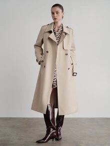 Aveloria Modichic 女款長版雙排扣修身風衣，翻領繫腰帶、肩章、防風擋片，商務休閒優雅米色素色秋季辦公穿搭 - 卡其色 - 查看 4