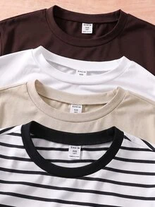 SHEIN 4pcs/Set Men's Teen Casual Minimalist Basic Multi-Color Striped Crew Neck Long Sleeve T-Shirts, Suitable For Autumn Single Wear And Winter Layering Under Jackets Or Vests - Coffee Brown - View 5