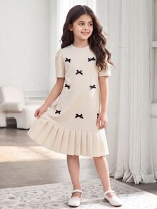 1pc Tween Girls' 3D Bow Decor Short Sleeve Pleated Dress, Loose Fit, Spring/Summer,Holiday,Summer,Travel - Apricot - View 3