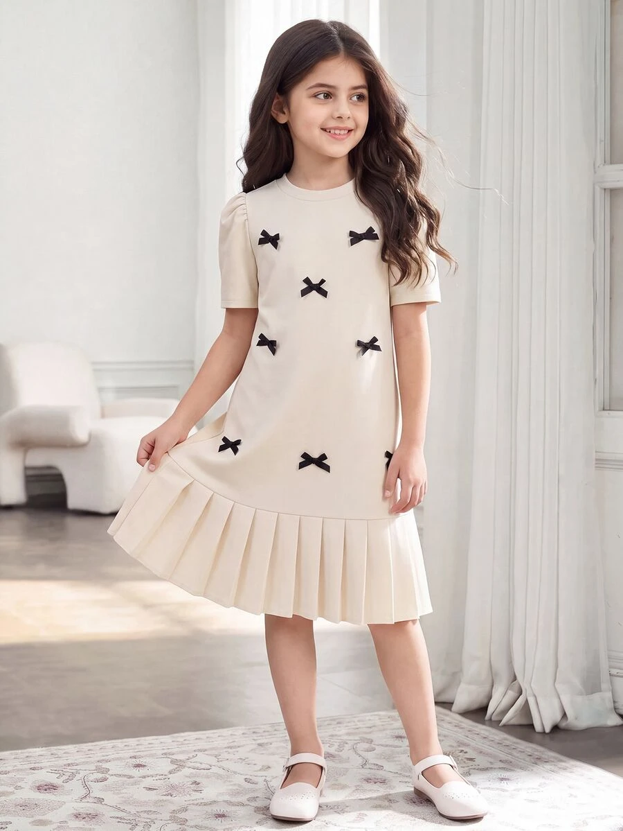 1pc Tween Girls' 3D Bow Decor Short Sleeve Pleated Dress, Loose Fit, Spring/Summer,Holiday,Summer,Travel - Apricot - View 1