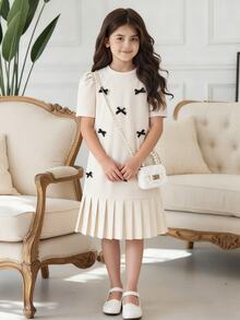 1pc Tween Girls' 3D Bow Decor Short Sleeve Pleated Dress, Loose Fit, Spring/Summer,Holiday,Summer,Travel - Apricot - View 2