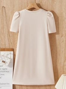 1pc Tween Girls' 3D Bow Decor Short Sleeve Pleated Dress, Loose Fit, Spring/Summer,Holiday,Summer,Travel - Apricot - View 4