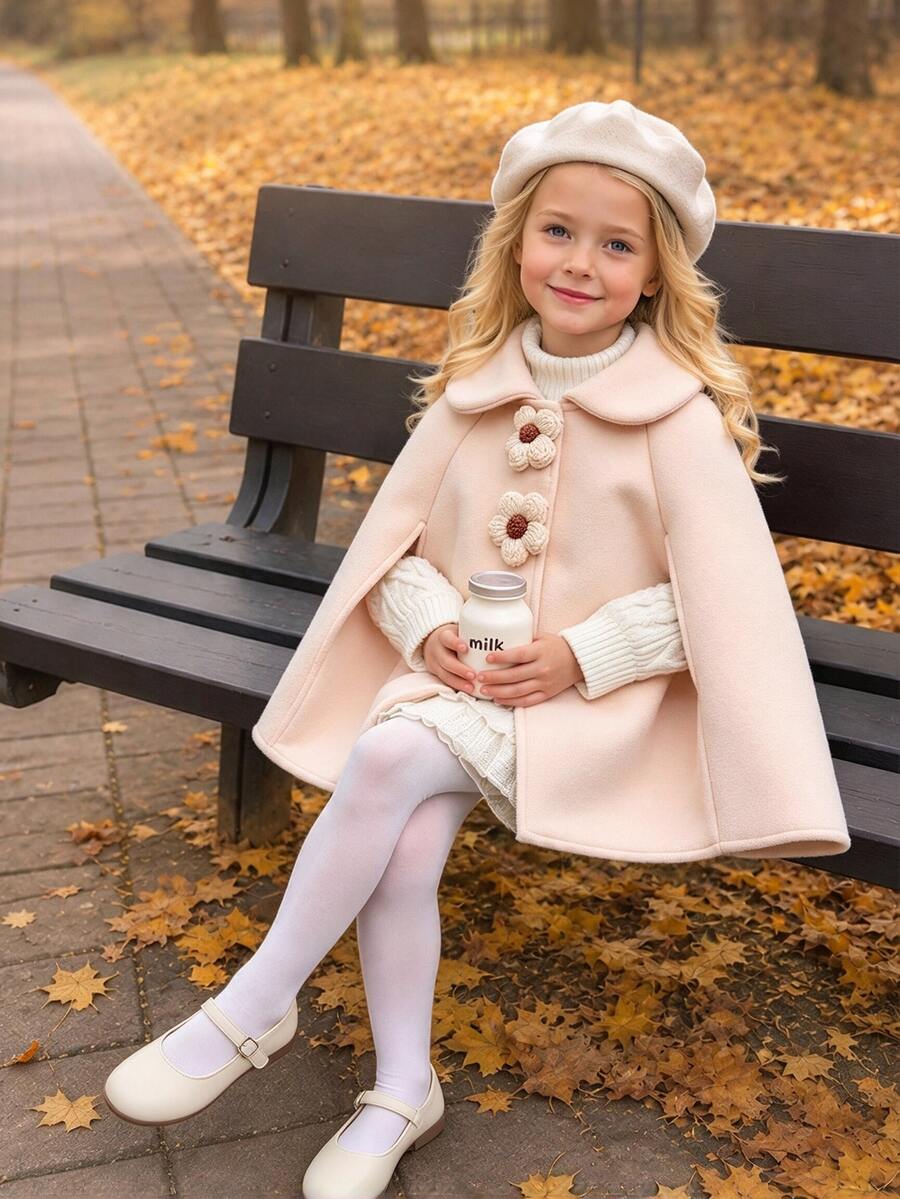 SHEIN Elladie kids 少女杏色 3D 鉤編花朵披肩領女士風羊毛大衣，冬季新款，開學季、假期穿搭，精緻優雅 - 杏色 - 查看 1