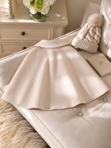 SHEIN Elladie kids 少女杏色 3D 鉤編花朵披肩領女士風羊毛大衣，冬季新款，開學季、假期穿搭，精緻優雅 - 杏色 - 查看 2