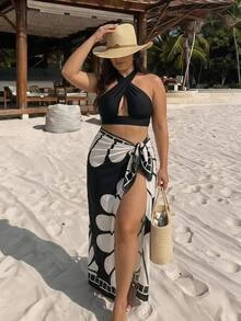 SHEIN Swim Plus Size Women 2 Pieces Floral Print Halter Neck Sexy Beach Vacation Bikini Set - Multicolor - View 2