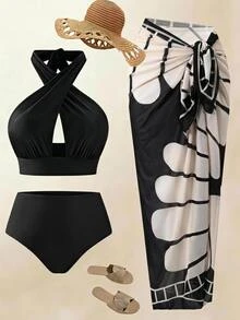 SHEIN Swim Plus Size Women 2 Pieces Floral Print Halter Neck Sexy Beach Vacation Bikini Set - Multicolor - View 1